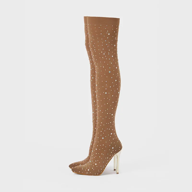 أحذية نسائية كريستالية عصرية فوق الركبة أحذية نسائية رفيعة بكعب عالي أحذية مثيرة للسيدات أحذية طويلة قابلة للتمدد مقاس كبير 43