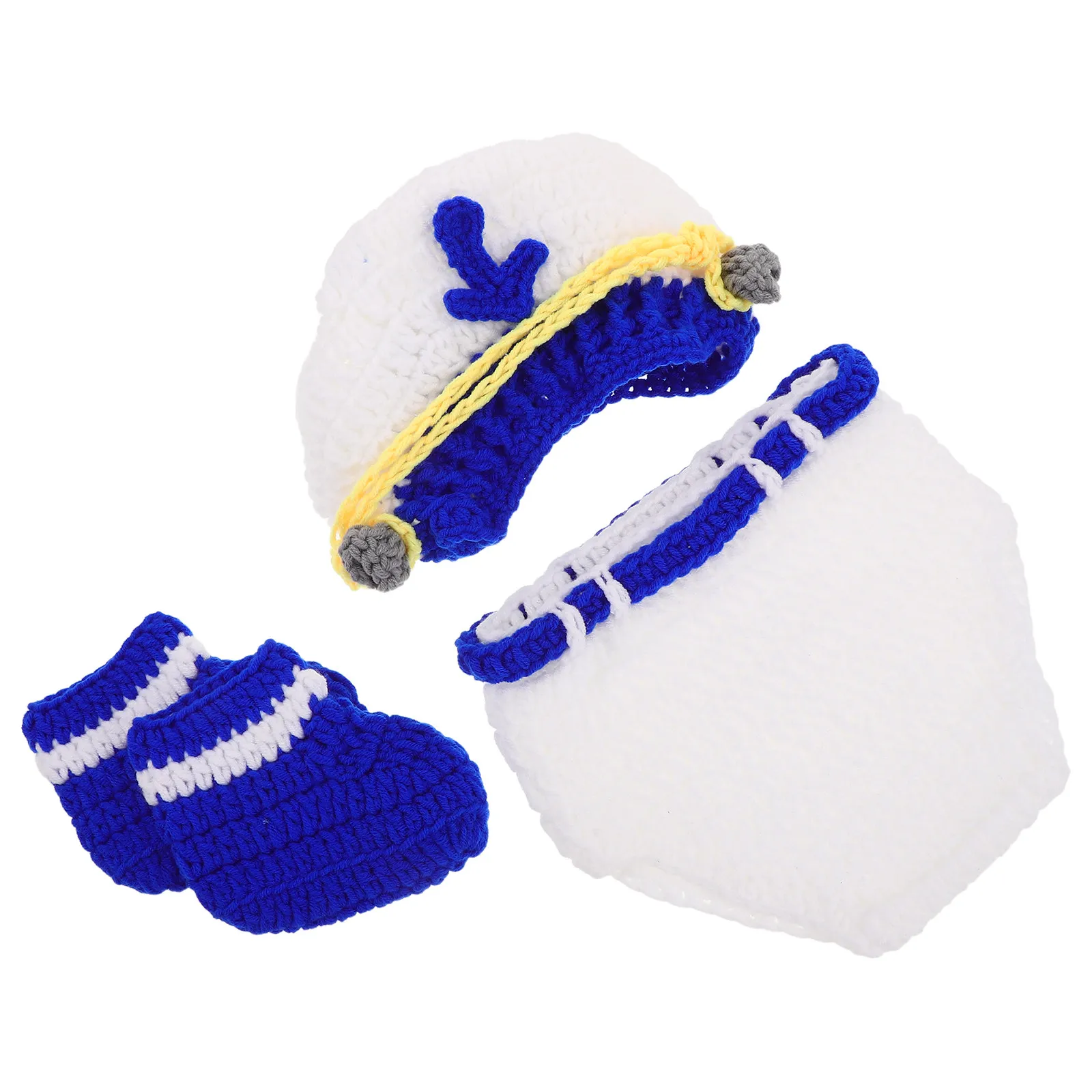 Newborn Photography Costume Set: Hand-Knitted Police Hat, Socks & Diaper Cover – Soft Yarn Baby Photo Prop