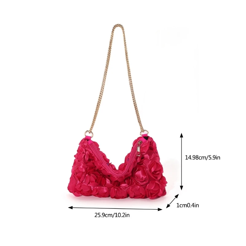 3D Rose Floral Evening Clutch Bag Ladies Sequined Satins Crossbody Handbag Purse with Chain for Wedding Parties Event