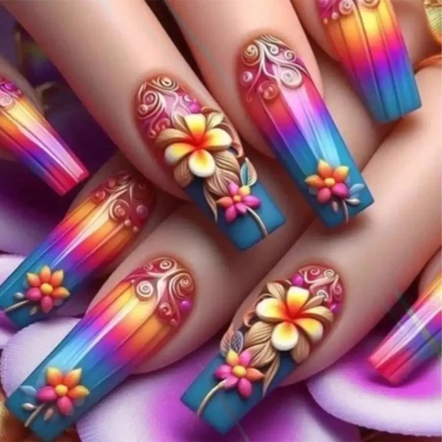 24Pcs Rainbow Ombre Floral Press On Nails, Ballerina & Coffin, Reusable, Hand-Painted, For Daily Party, Free Shipping