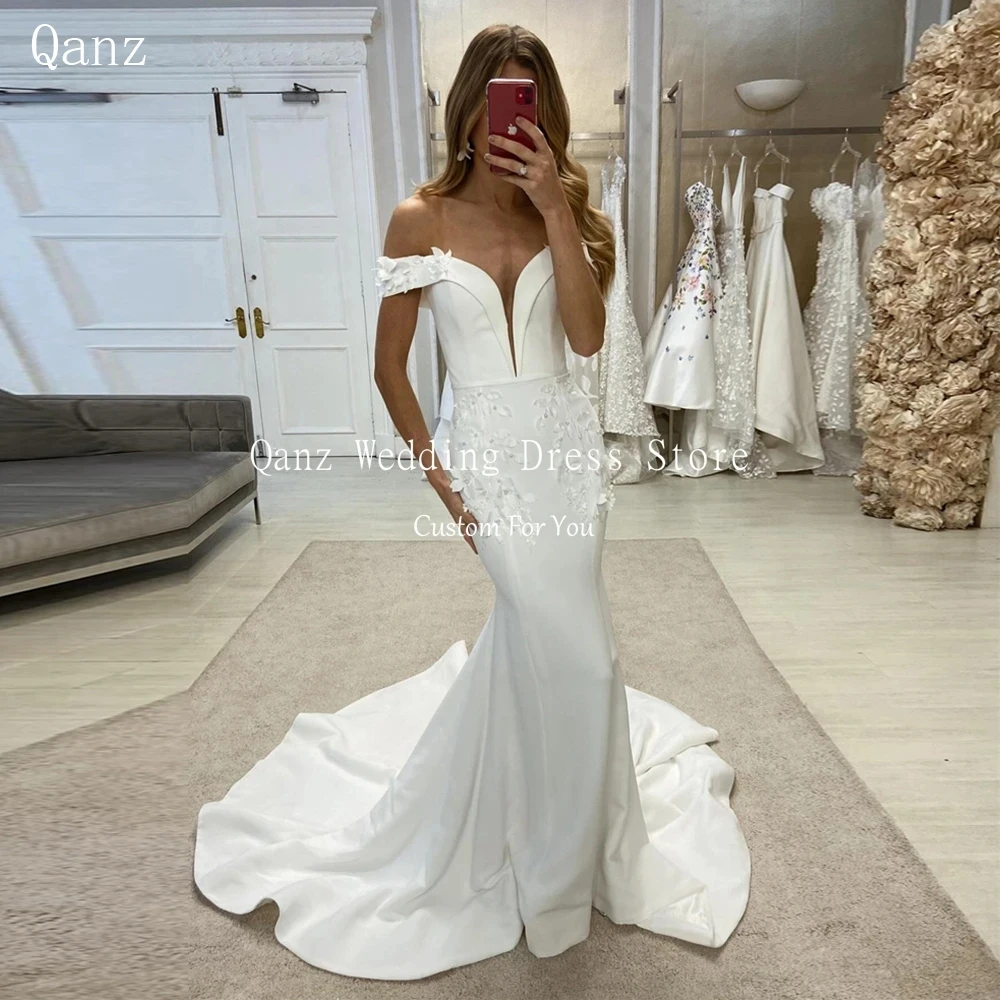 Qanz Mermaid Wedding Dresses For Women 2024 Bride Robe De Mariée Pearls Appliques Sweep Train Sexy Strapless Boho Bridal Gowns