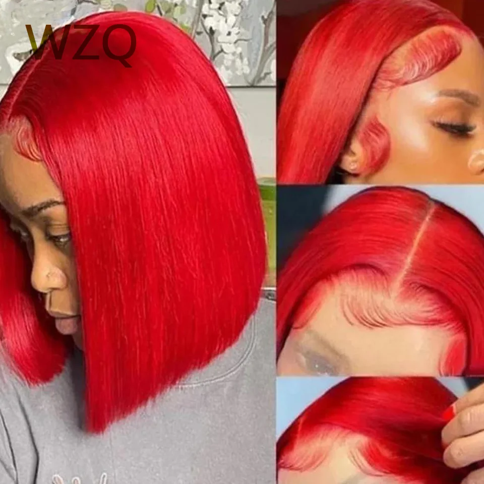

HD Transparent Lace Straight Short Bob Wig Brazilian Remy Hair Pre Plucked Red Lace Front Human Hair Wigs For Women 180% Density