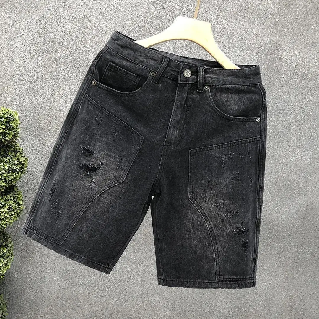 Japanese Vintage Clothes 2025 Summer New Black Fashion Retro Trend Black and Gray Jeans Men's Casual Ripped Straight-leg Pants
