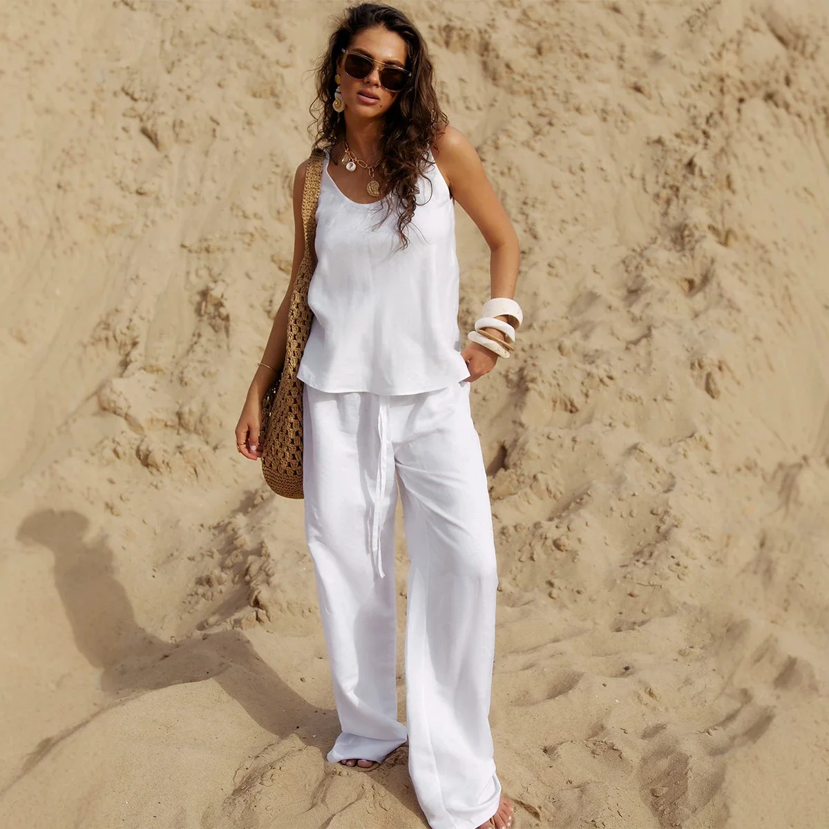 Women Fashion Lazy U Neck Sleeveless Top Solid Simple Casual Pants Set Summer New 2 Piece
