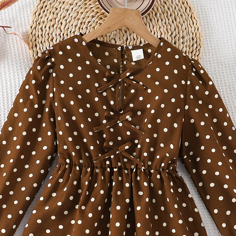 Retro-Freizeitkleid mit Punktemuster für Teenager-Mädchen, Rundhalsausschnitt, Reißverschluss hinten, Laternenärmel, geraffte Taille, Swing-Midikleid – Detail 4