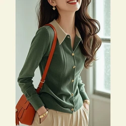 Autumn Winter Turn-down Collar Long Sleeve Fashion Cardigan Women High Street Contrast Color Button Sweater Vintage Elegant Tops