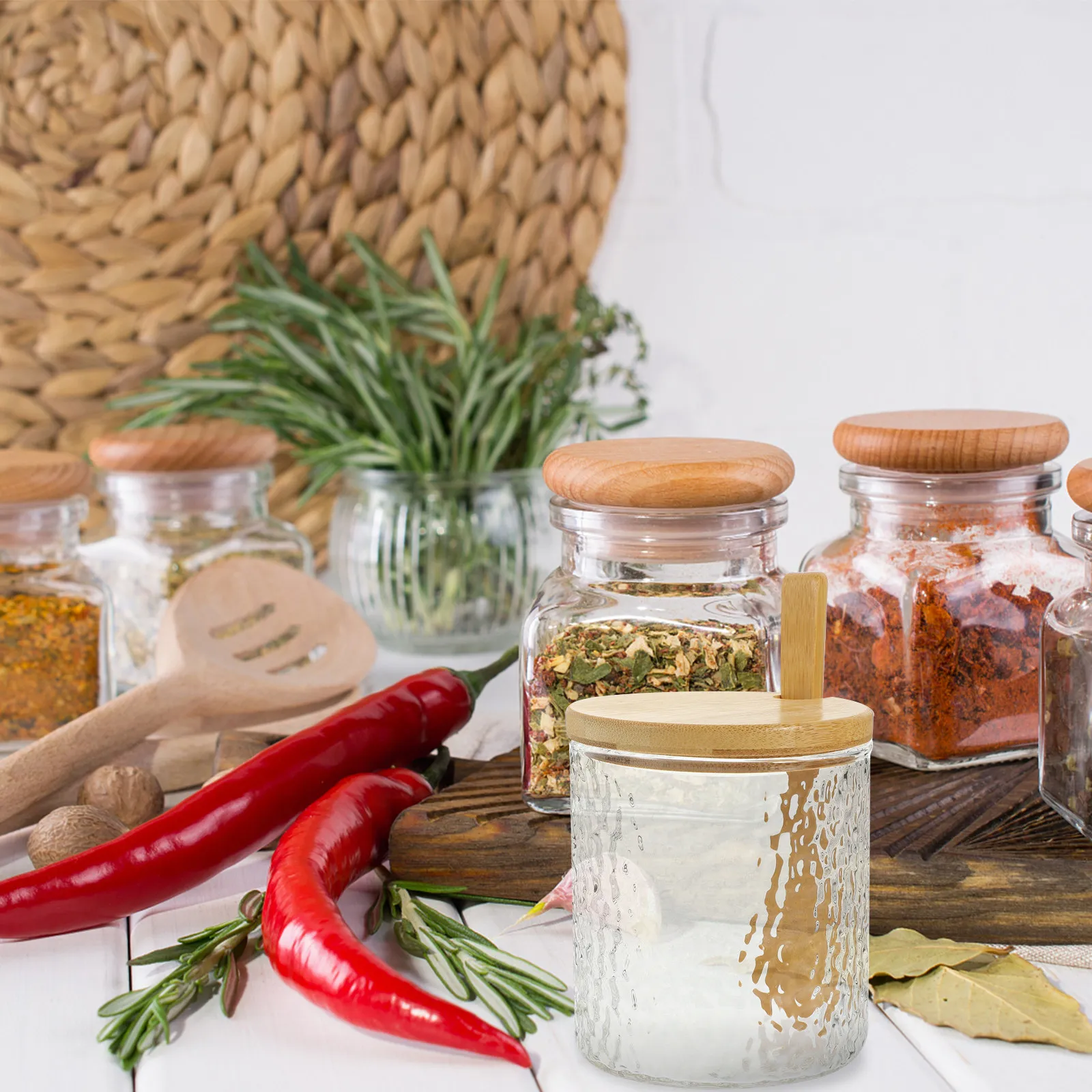 Clear Glass Spice Canister Bamboo Lid Multipurpose Storage Jar for Sugar Tea Salt Holder with Spoon Dustproof Glass Canister