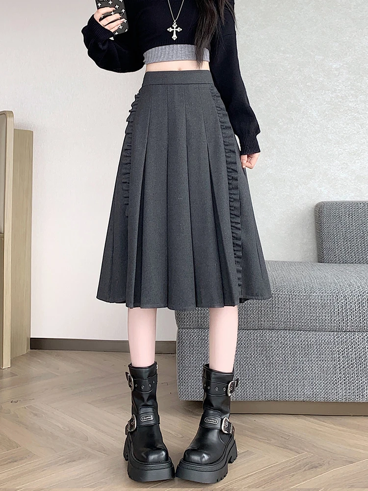 

Women's autumn winter new high waist slim versatile A-line large swing mid long skirt wood ear edged wool pleated skirt