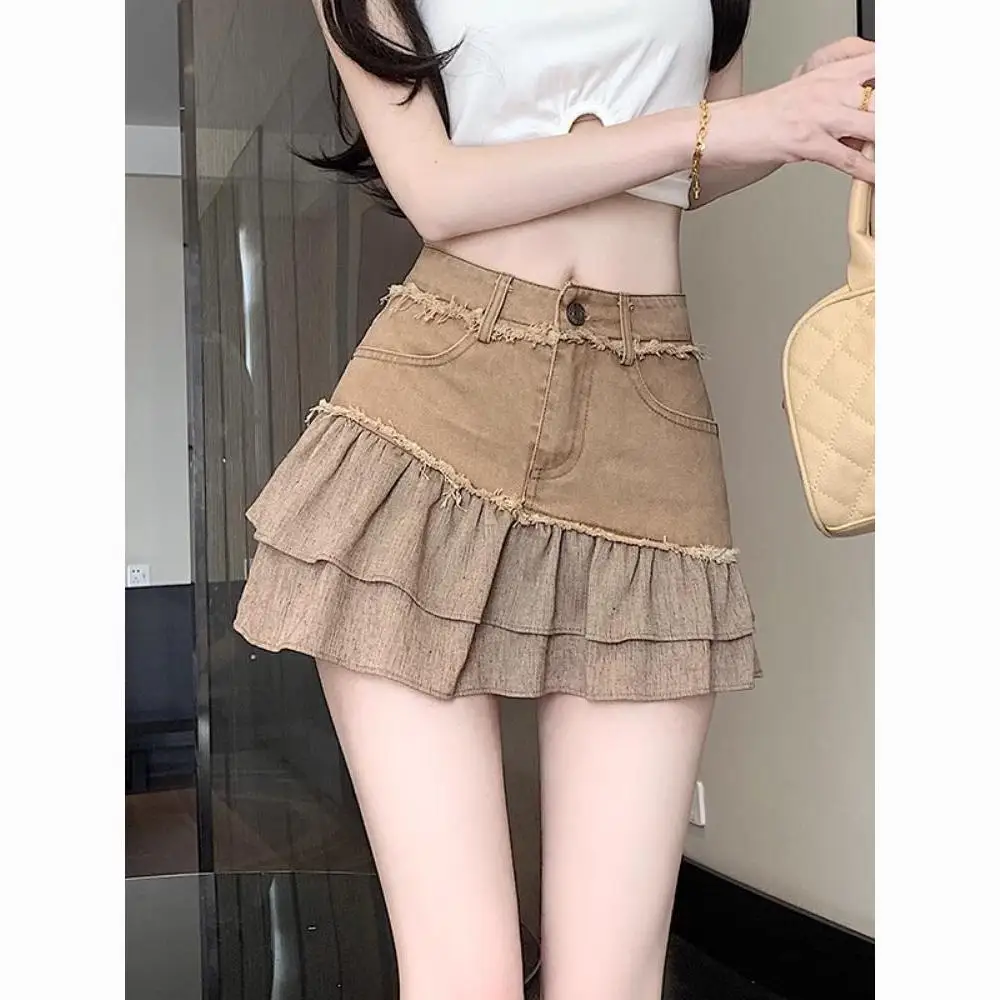 

Spice Girl Denim Skirt Women's Summer Rough Edge Splicing Ruffle Leaf Edge A-word Skirt