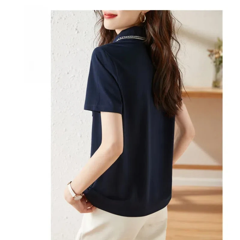 Summer Women's Lace Patchwork Pockets Turn-down Collar Solid Color Pullover Short Sleeve Button T-shirt Casual Fashion Tops