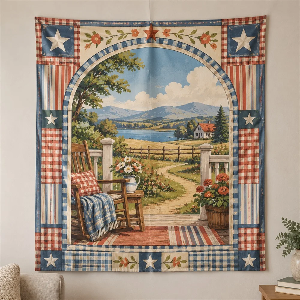 VIKAMA Plaid Check Pattern Framed Panel Tapestry Wall Hanging, American Wall Decor Tapestries for Nursery Kids Room Bedroom