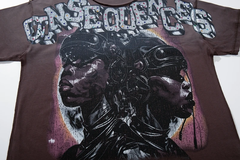 Herren T-Shirt mit Grafik-Print, Lustiges Strass-Oberteil, Übergroßes Y2K Streetwear Cyberpunk Waschbaumwoll-T-Shirt, Retro Skate Street Outfit für den Sommer – Detail 13