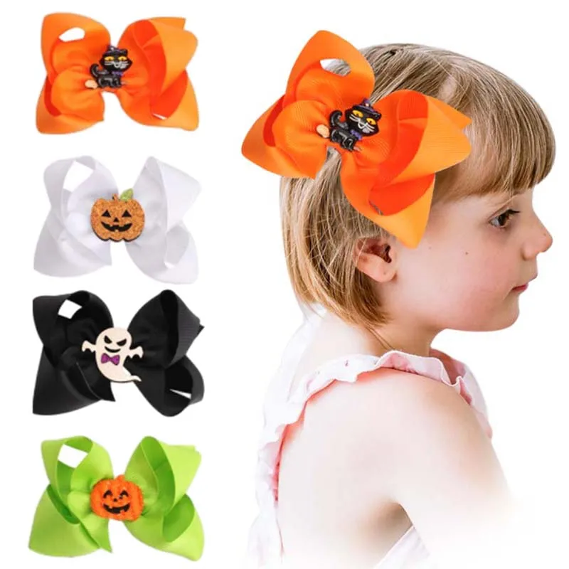 

ncmama Funny Pumpkin Ghost Bow Hairpin Halloween Hair Accessories Sweet Girls Solid Ribbon Bowknote Hair Clips Kids Headwear