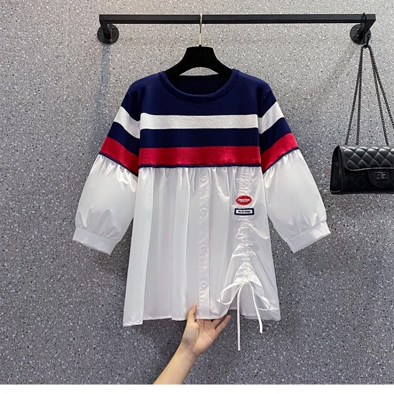 Luxury Brand Design 2024 Summer Knitted Splicing Shirt Knitwear For Women Loose Stripe Tops Vintage Y2k Fashion Clothes