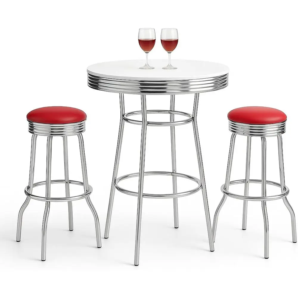 

Vintage 3-Piece White Pub Set with Red Swivel Stools, 30 Round Table, 1950s Style