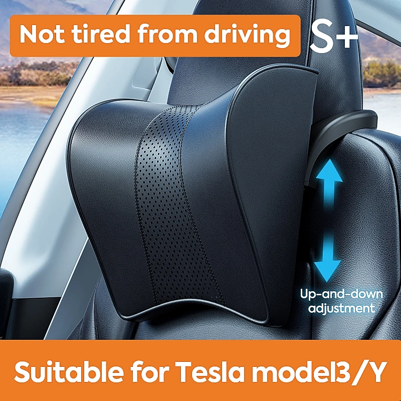 Adjustable neck protector leather headrest for Tesla Model 3/Y with international invention patent 