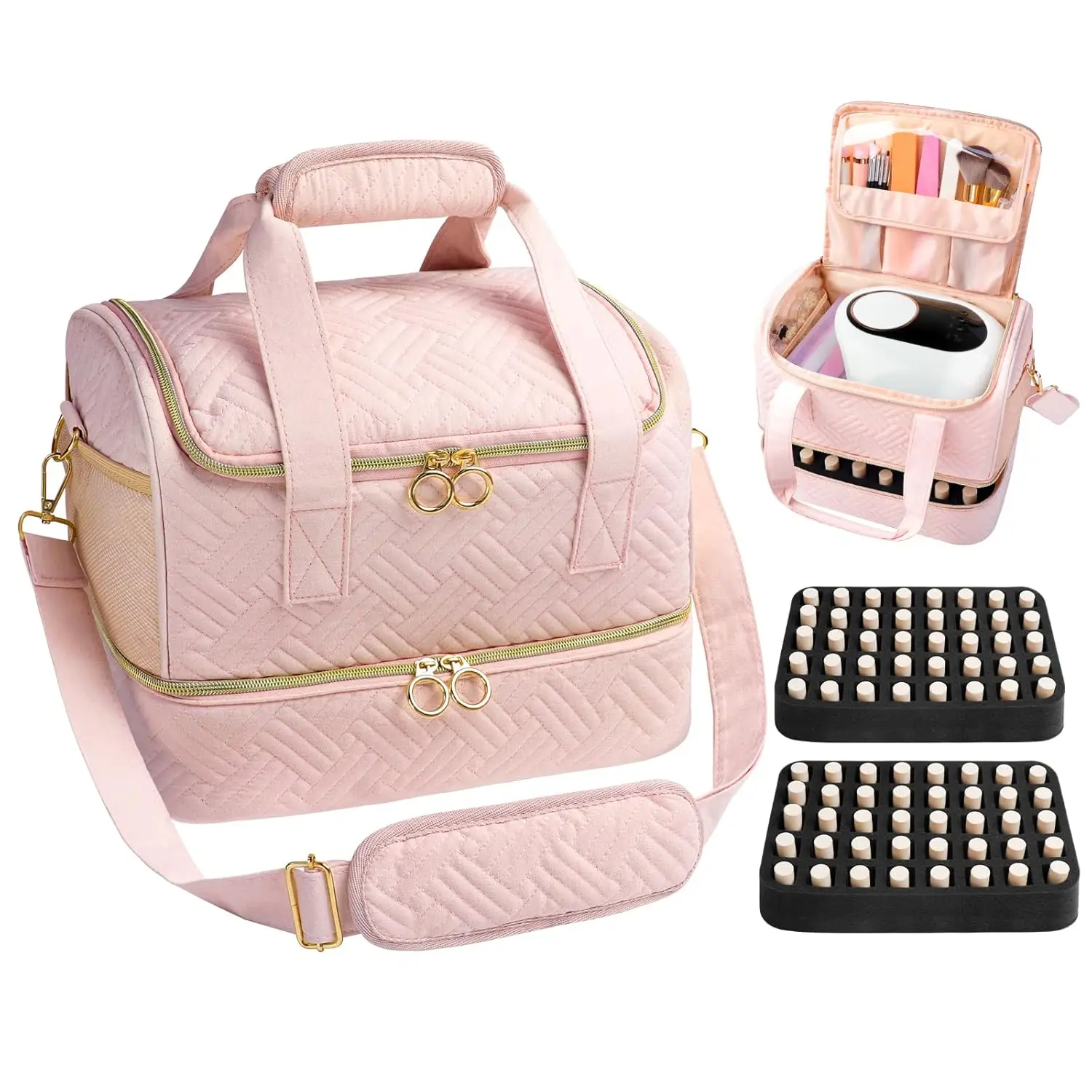 

Pink Nail Polish Organizer Bag Holds 80 Bottles & Lamp, Double Layer Storage Case with Strap for Women