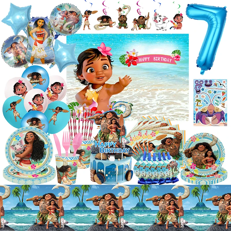 Disney Moana Birthday Decorations Tableware Tablecloth Backdrop Aluminum Film Balloon Maui Vaiana Party Supplies Baby Shower