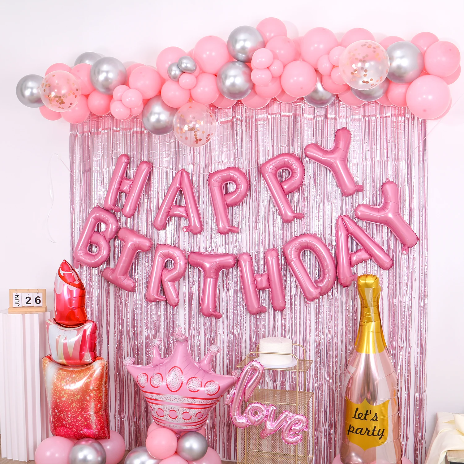 Ladies pink birthday party decoration, happy birthday for girls, pink tassel birthday banner, happy birthday letter balloon