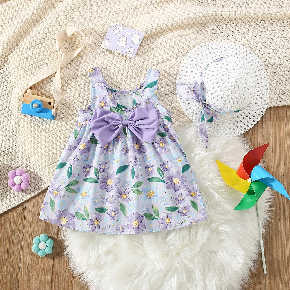 Girl Baby Dress Hat Set Summer 2/Piece Set Girl Wears Flower and Leaf Printed Big Bow Sleeveless Princess Dress