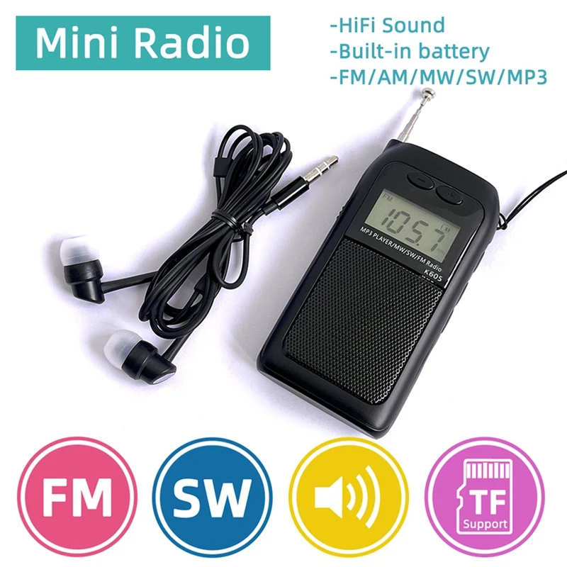 Portable Radio Pocket FM AM SW MW MP3 Player Stereo Digital Receiver LCD Screen High Sensitivity Loudspeaker Antenna
