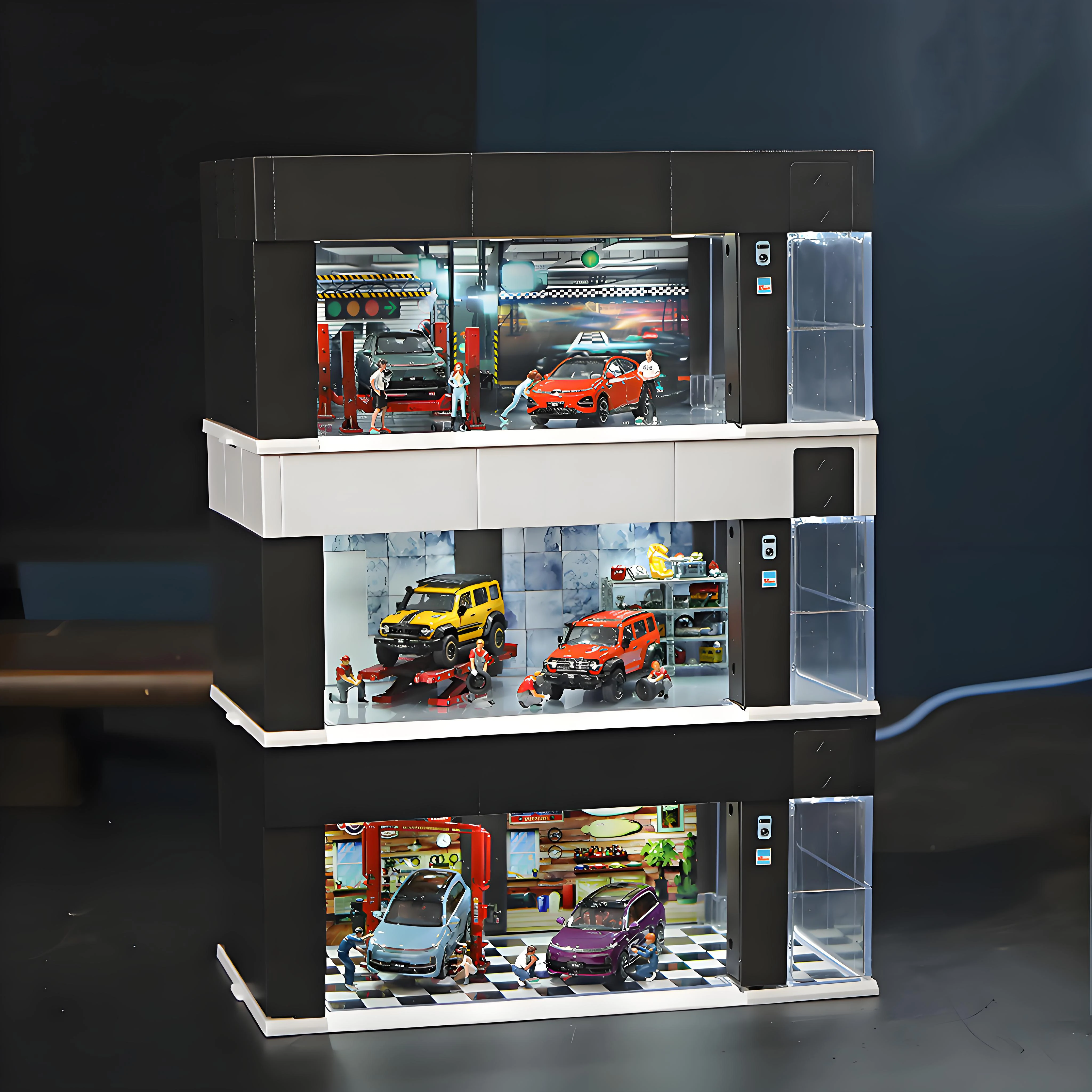 

1/64 Garage Scene Model Cars Display Boxes with Light Voice Control Electronic Door Connected in Series Simulation Parking Place