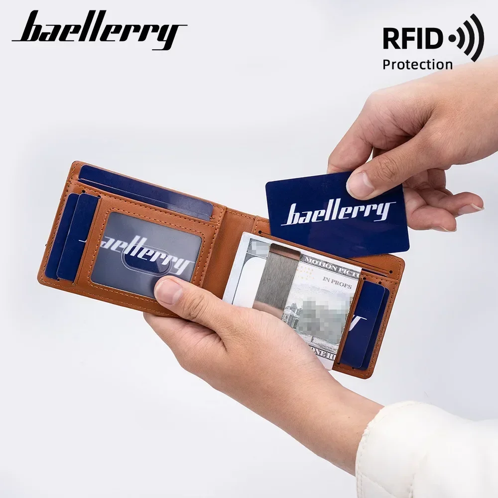 Minimalist men's wallet card bag new baellerry RFID anti-theft brush double fold cross leather card wallet  credit card holder