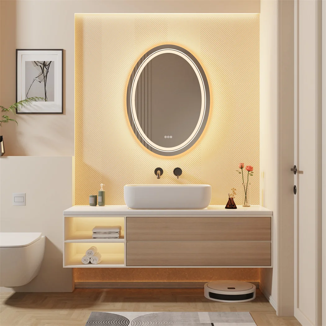 60x80cm Oval Wall Mounted LED Lighted Bathroom Mirror Anti-Fog Dimmable Vanity Makeup Mirror Backlit Home Bathroom Decor