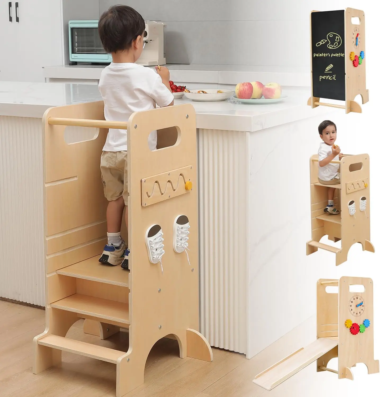 Toddler Kitchen Stool Helper Adjustable Standing Tower for Kitchen Counter with Slide, Chalkboard, Montessori Activities