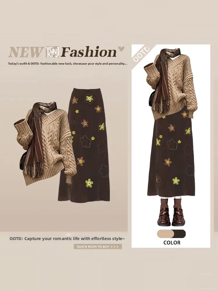 

Retro Floral Print Knitted Sweater And Skirt Set Women's Autumn Winter Lazy College Sle Two-Piece Suit High Waist Midi...