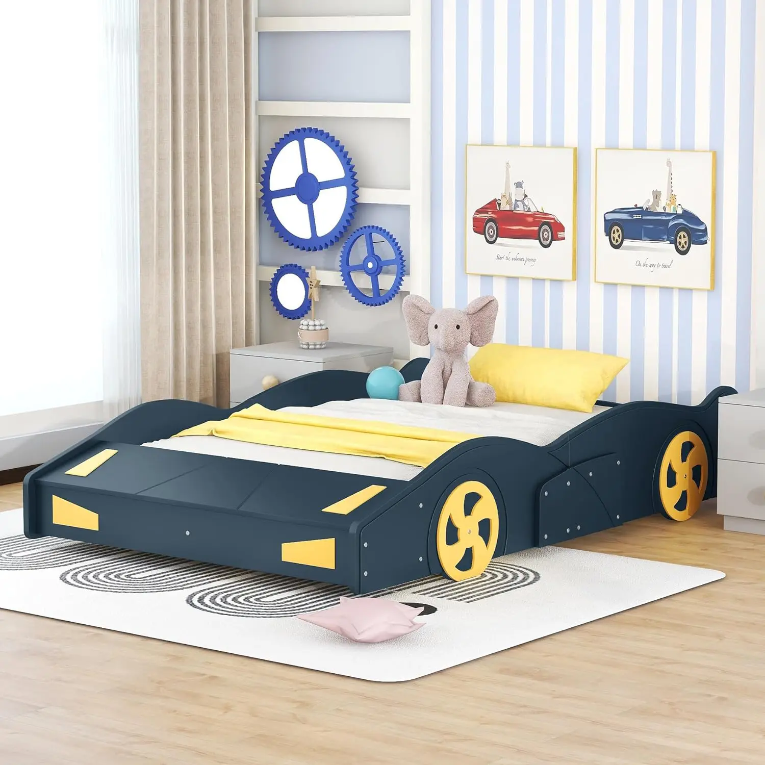 Cama de plataforma clássica em forma de carro com rodas, tamanho duplo, piso de madeira, estrutura com design de porta, fácil de montar, mobília do carro do brinquedo