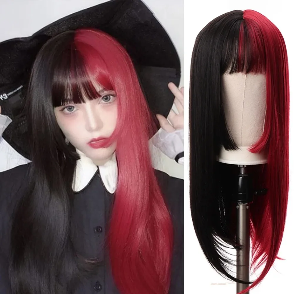 Syntetyczne czerwono-fioletowe peruki dla kobiet Hime cut Fringe Bangs Split Dye Halloween Party Cosplay items Wig Half and Half Color