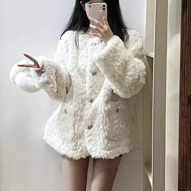 المرأة 2025 جديد فرو الضأن سترة واقية ثينيد القطن Jaet بلوزة بيضاء فضفاضة لشخصيات صغيرة موسم الخريف الشتاء