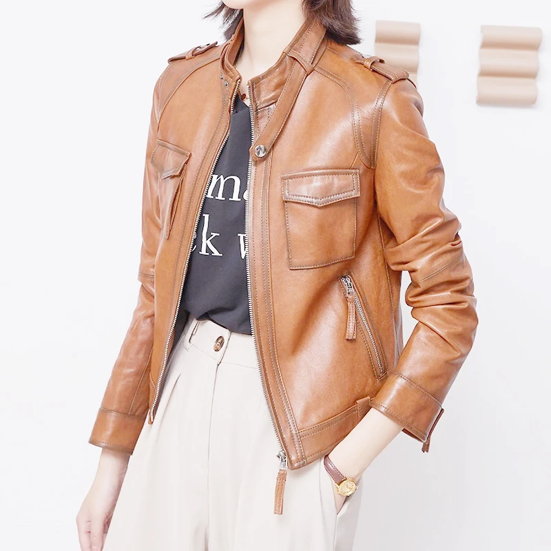 M-4XL 여성용 양가죽 리얼 레더 숏 재킷 2025 가을 겨울 레트로 스탠드 칼라 슬림핏 모토 레더 재킷 코트