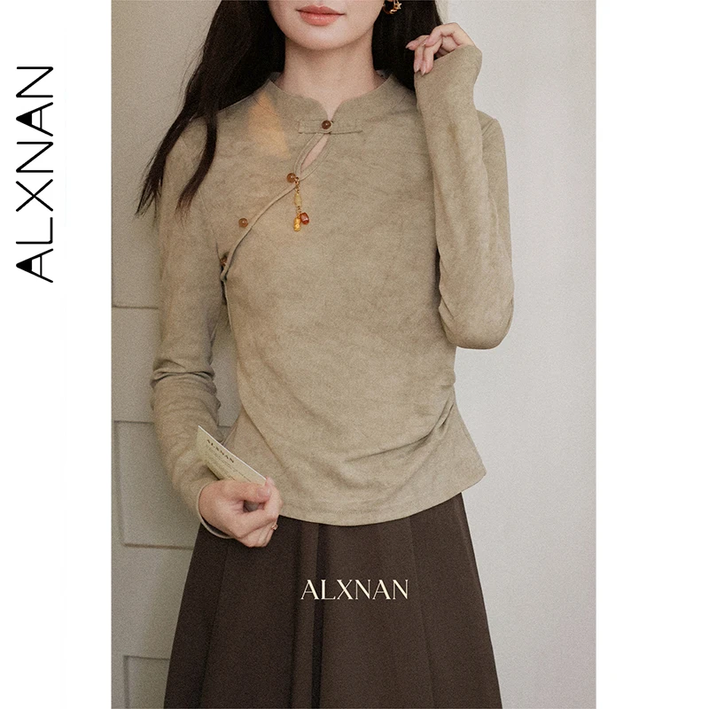 ALXNAN, camiseta para mujer, nuevas camisetas de manga larga de algodón de estilo chino, camisetas elegantes informales con diseño de hebilla de otoño para mujer L57266
