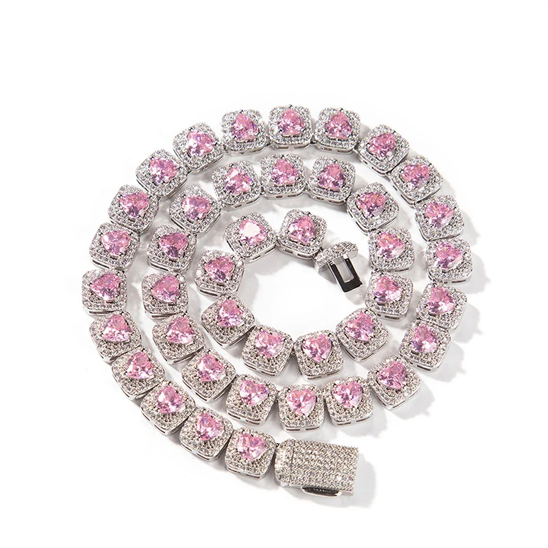 Hip Hop 3A+ CZ Stone Paved Bling Iced Out 9.5mm Heart Tennis Link Chain Bracelets Necklaces for Men Women Unisex Rapper Jewelry