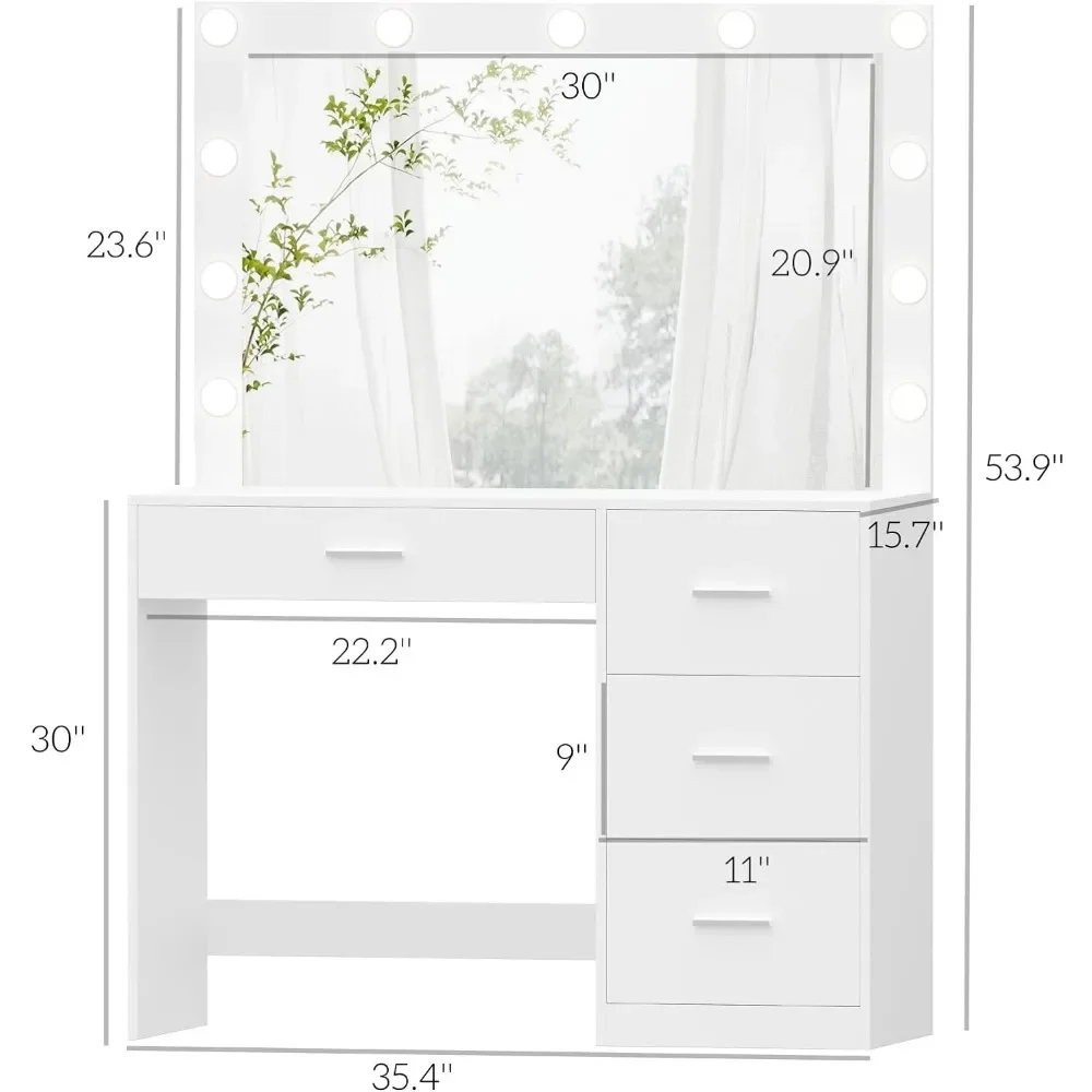 Makeup Vanity Table, Makeup Table with Large Mirror and 11 LED Lights, Brightness Adjustable, Dressing Table Desk with 4 Drawers