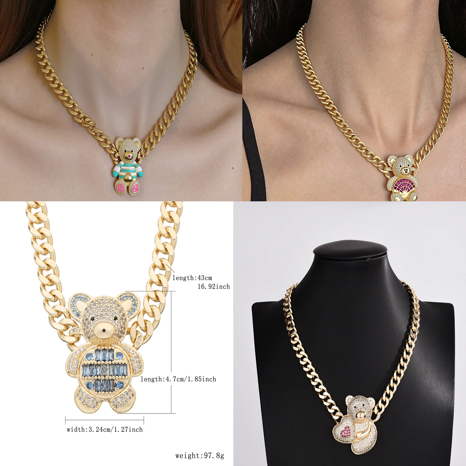 3D Large Cute Bear Pendant Necklace Brass 14K Gold Plated Cubic Zirconia Charm Necklace Fashion Jewelry for Women Daily Party Gift