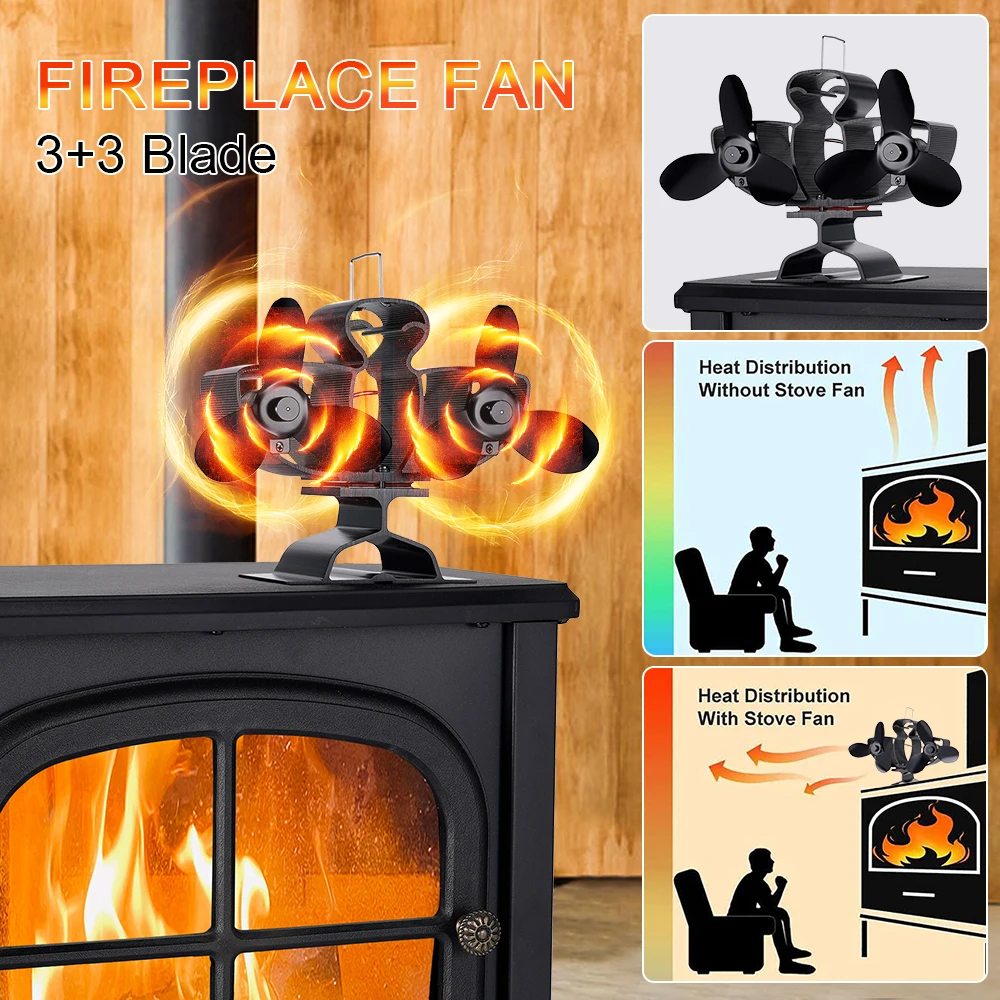 Double-headed 6 Blades Stove Fan Heat Powered Log Wood Burner Fireplace Fan Eco Quiet Home Heating Efficient Heat Distribution