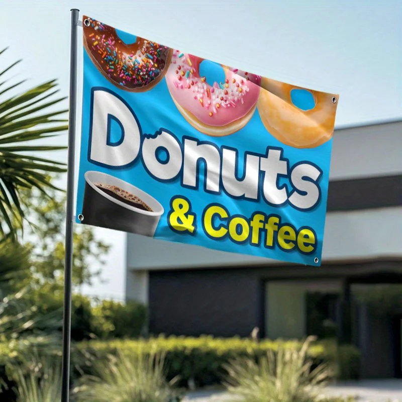 1pc Donuts Coffee Premium Flag Large Outdoor Advertising Banner with Four Grommets for Easy Hanging Single-Sided Print