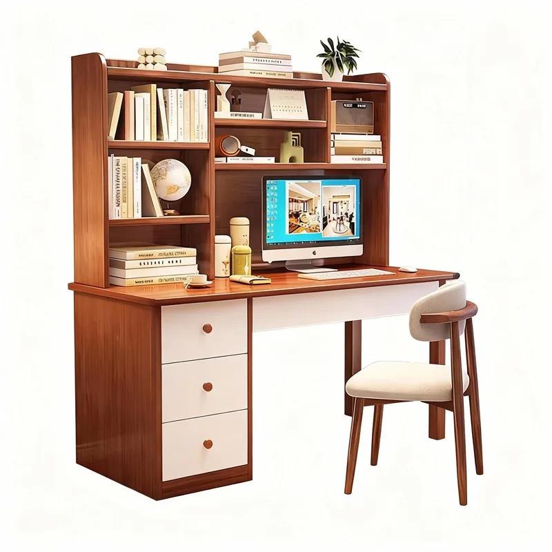 Retro desk, bookshelf integrated with bookcase against the wall, desk worktable with drawers, solid wood computer desk
