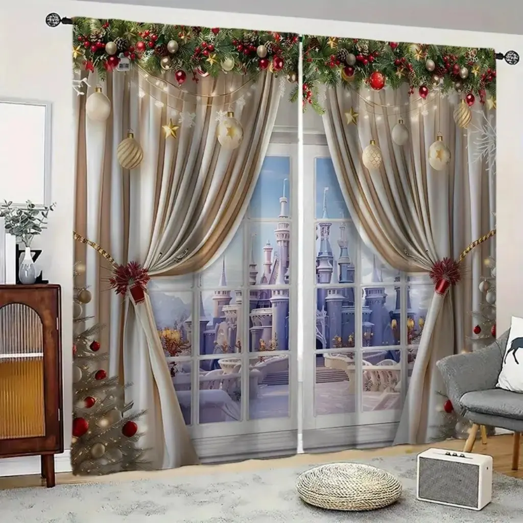 Luxury European Style Christmas Curtains for living room with Golden Embellishment Design Translucent, Easy to Hang Pole Opening