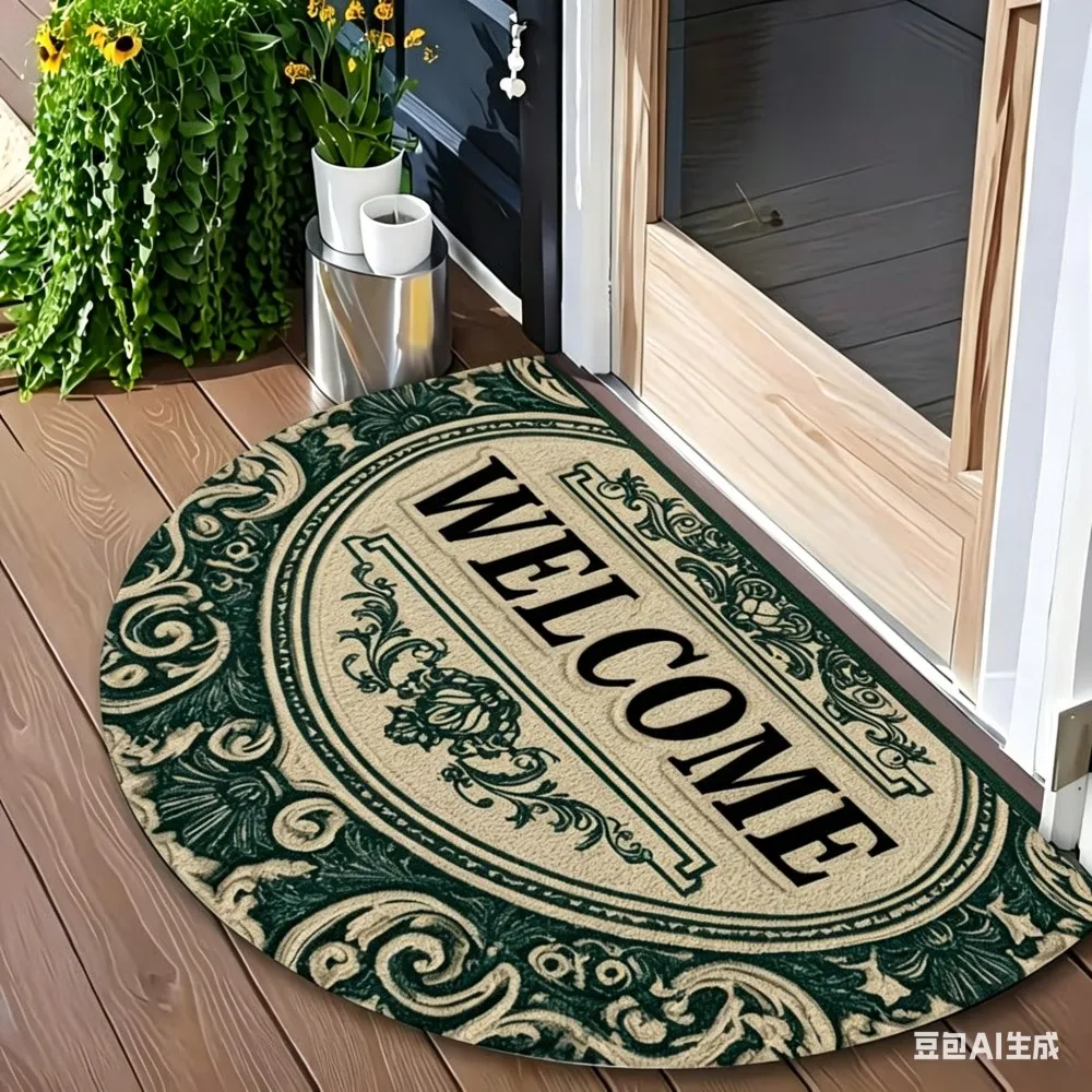 Classic Scrollwork Semicircle Welcome Rug Dark Blue Gold Decorative Entrance Doormat Anti-Slip Floor Mat for Hallway Home Decor