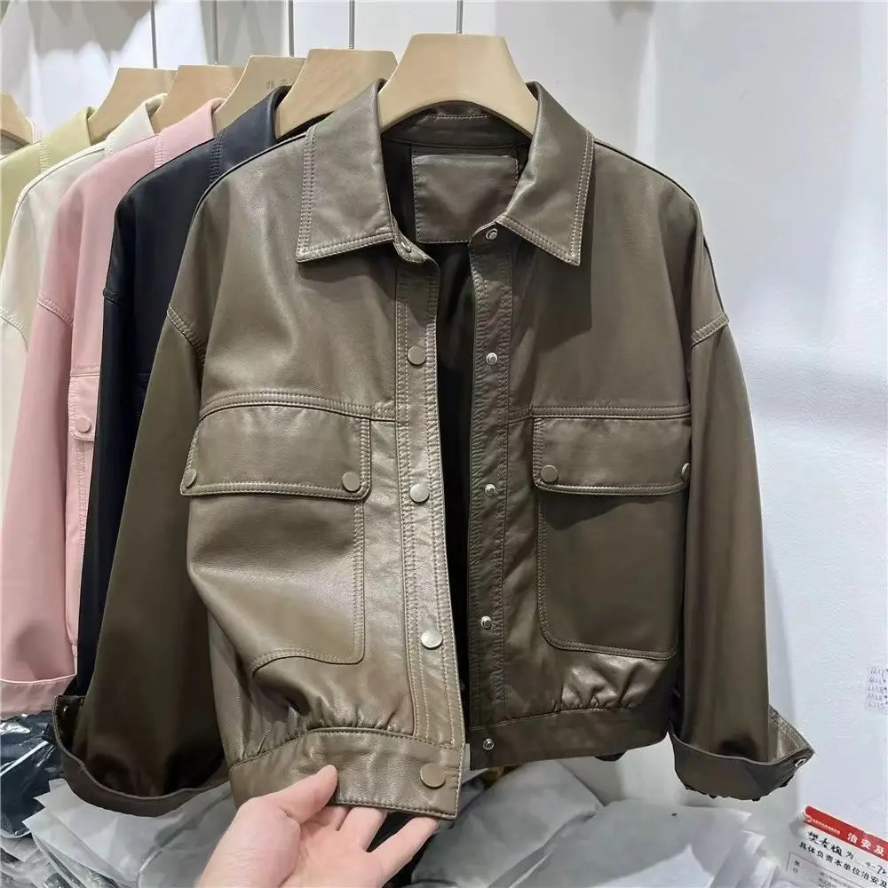 Tooling Wind Leather Jackets Female PU Leather Coat Women's Jacket 2024 Autumn New Big Pocket Outerwear Casual Solid Color Tops