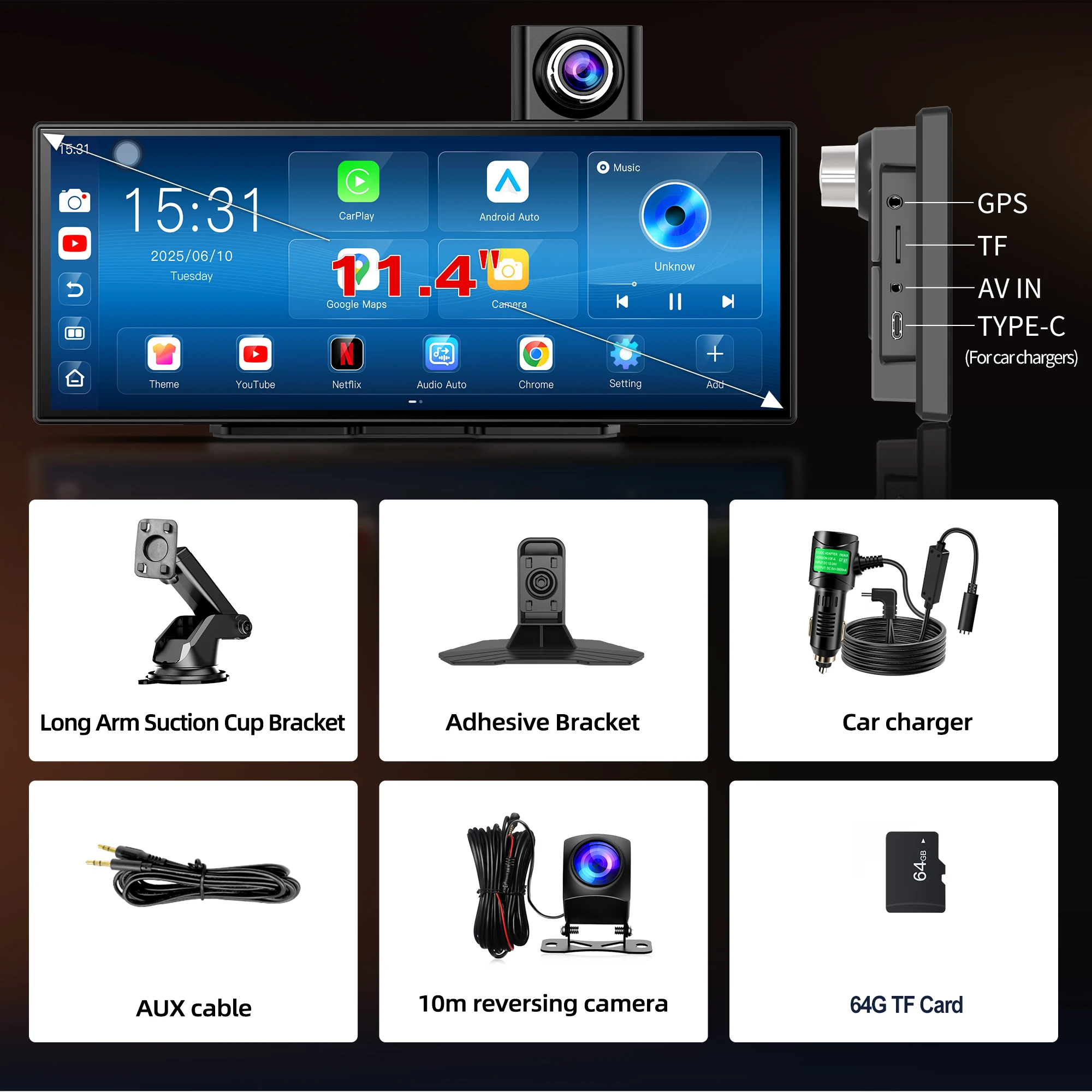 BYUJQ 11.4'' Android 14 8 Core 4+64G Dash Cam Wireless Carplay Android Auto AI Screen Google Play GPS Navigation Car DVR view 7