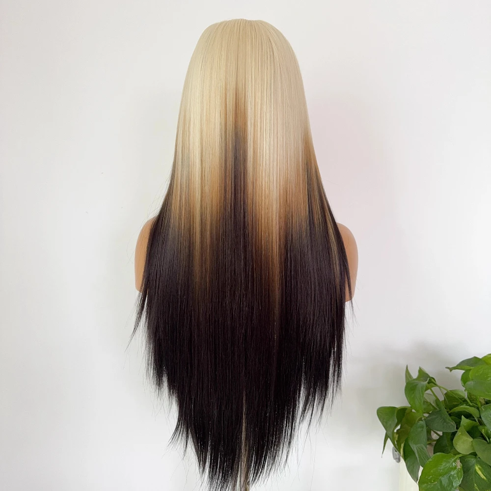 オンブレブラウンゴールドレースウィッグ 女性用 26インチ HDロングストレート 13×4 ナチュラルフロントレース 高品質合成繊維 コスプレ用