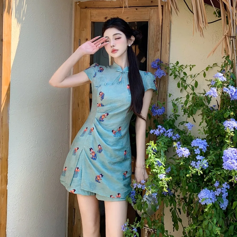 New Chinese Style Modified Qipao Two-Piece Set, Short Sleeve Dress & Matching Shorts,Figure Print for Summer Casual Wear