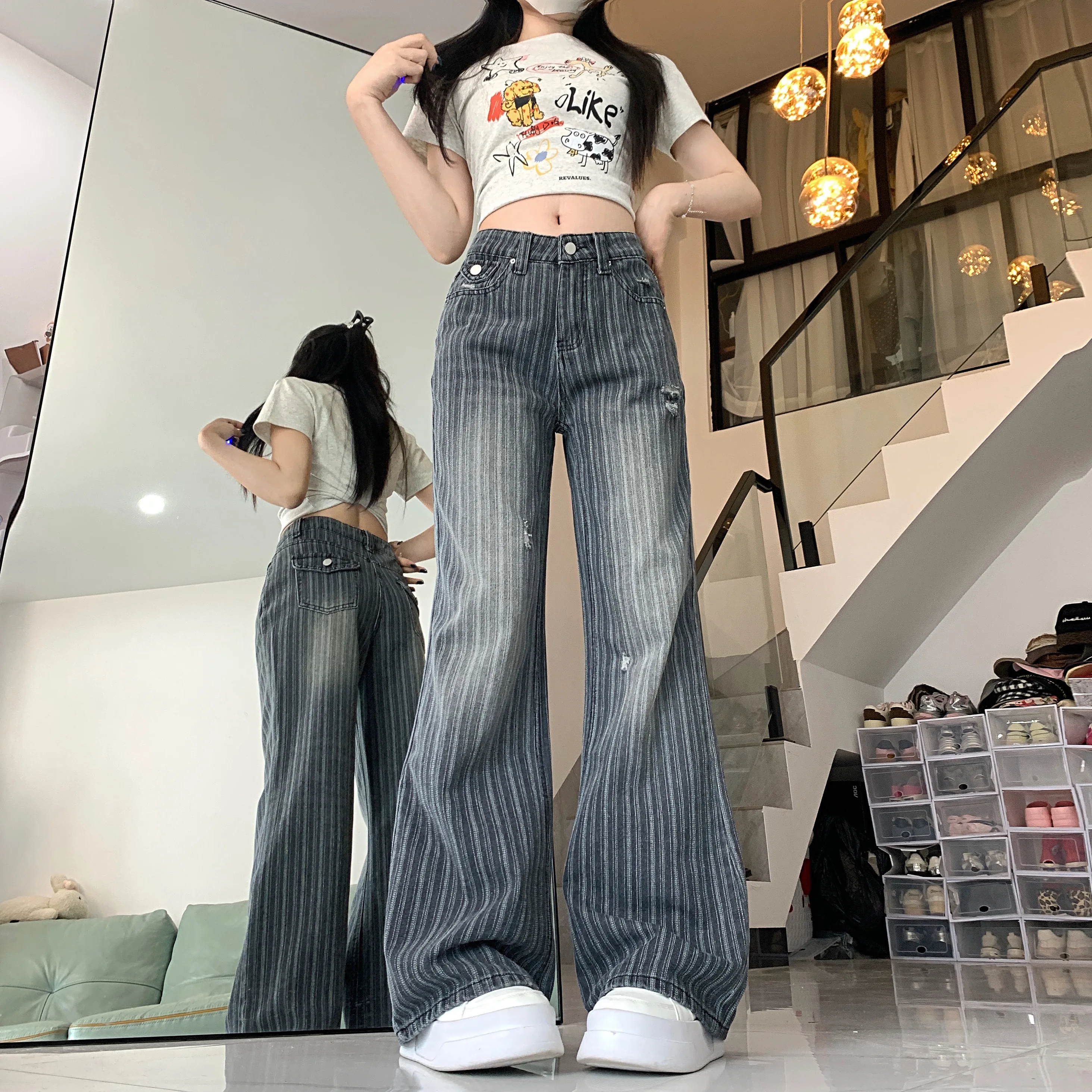 

234 Women's Black Striped Baggy Jeans Y2K Japanese Harajuku High Street 2000S Fashion 90s Vintage Jeans Pants Clothing 2025 New