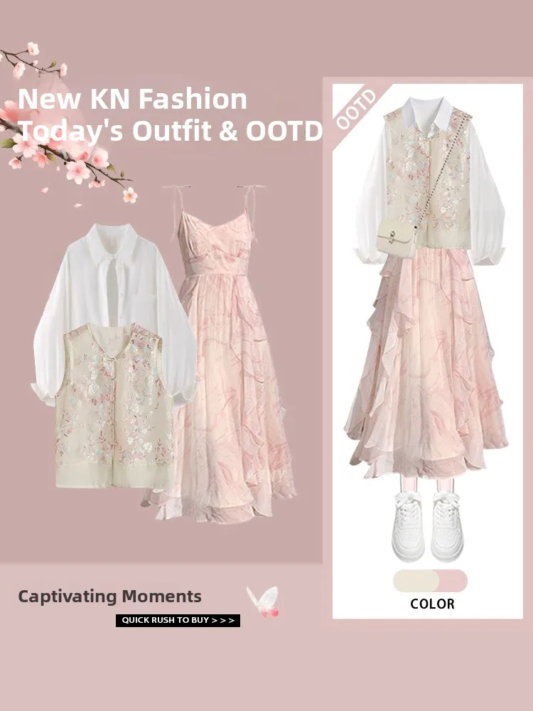 

New Chinese Style Shirt Thin Veil Sequin Waist Cinching Strap Dress Spring High End Feeling Collar Long Sleeve Button up