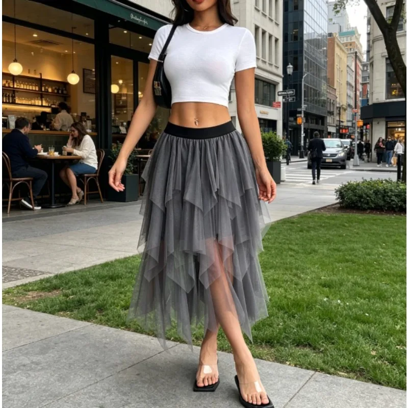 2026 Spring High Waist Irregular Mesh Midi Skirt Flowy Tulle Skirt Lightweight for Party Beach